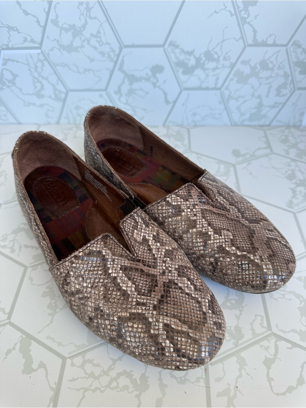Born Women's Snake-Print Slip-On Loafers in Taupe Brown